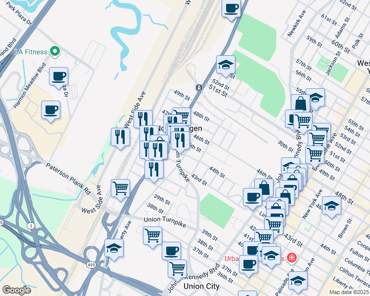 map of restaurants, bars, coffee shops, grocery stores, and more near 4411 Liberty Avenue in North Bergen