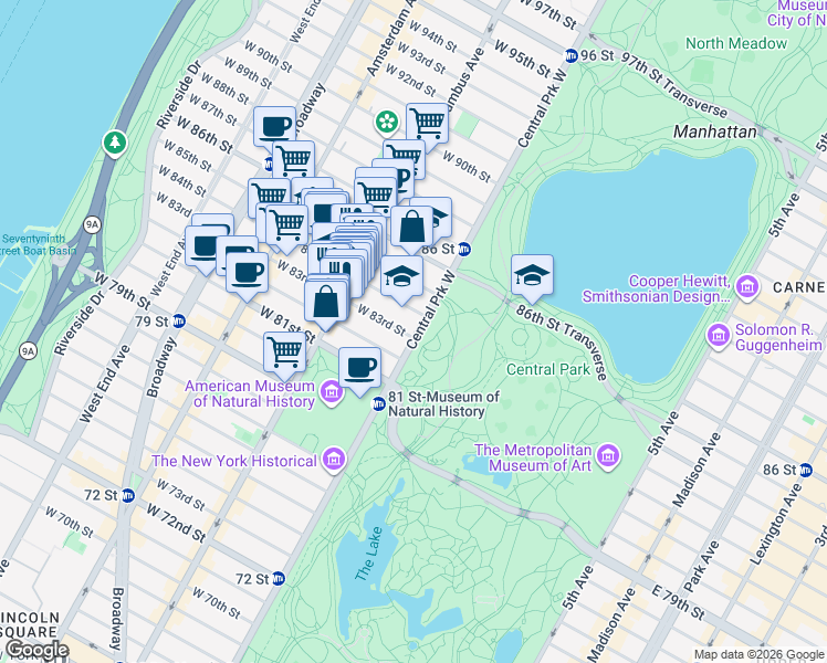 map of restaurants, bars, coffee shops, grocery stores, and more near 230 Central Park West in New York