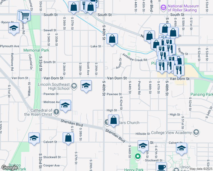 map of restaurants, bars, coffee shops, grocery stores, and more near 2844 South 40th Street in Lincoln