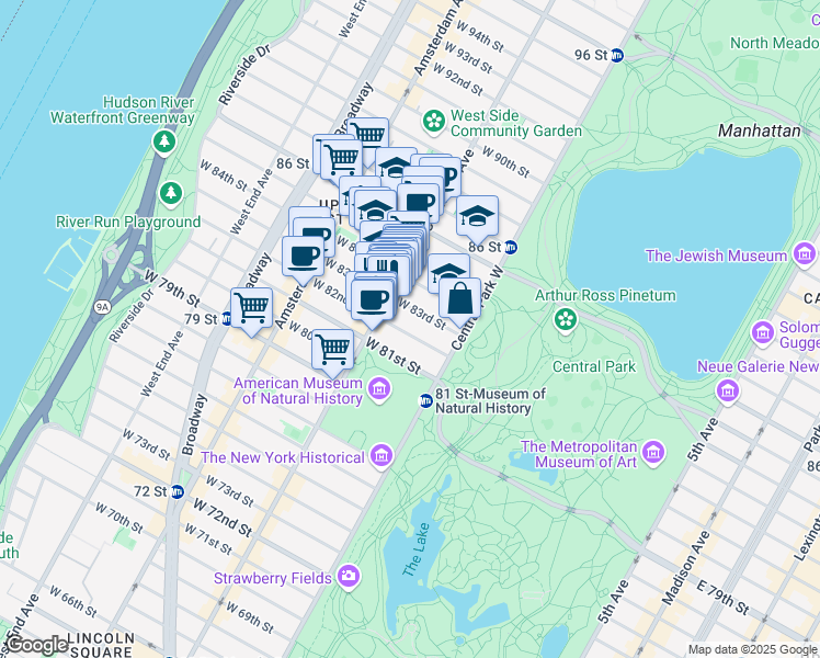 map of restaurants, bars, coffee shops, grocery stores, and more near 35 West 82nd Street in New York