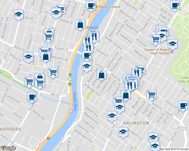 map of restaurants, bars, coffee shops, grocery stores, and more near 20 Madison Avenue in Kearny