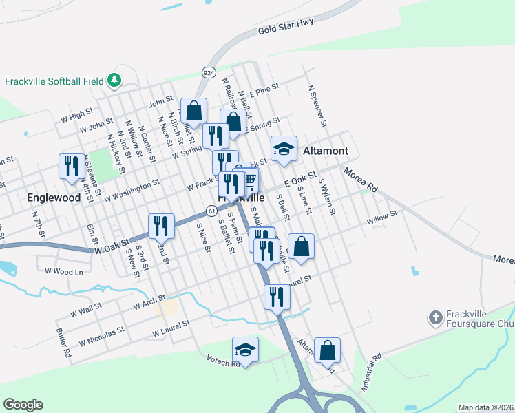 map of restaurants, bars, coffee shops, grocery stores, and more near 137 South Middle Street in Frackville