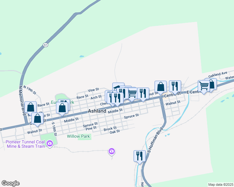 map of restaurants, bars, coffee shops, grocery stores, and more near 215 North 9th Street in Ashland