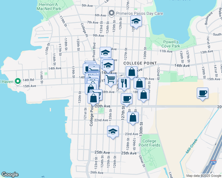 map of restaurants, bars, coffee shops, grocery stores, and more near 1542 125th Street in Queens