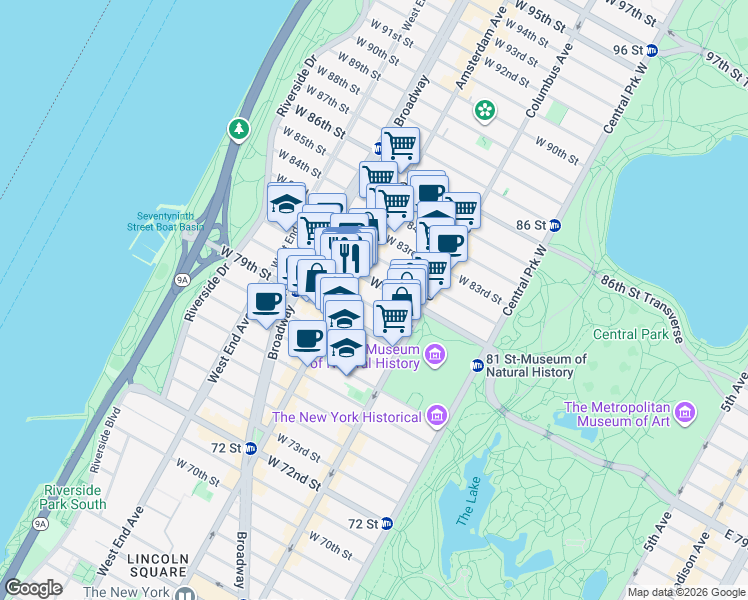 map of restaurants, bars, coffee shops, grocery stores, and more near 163 West 80th Street in New York