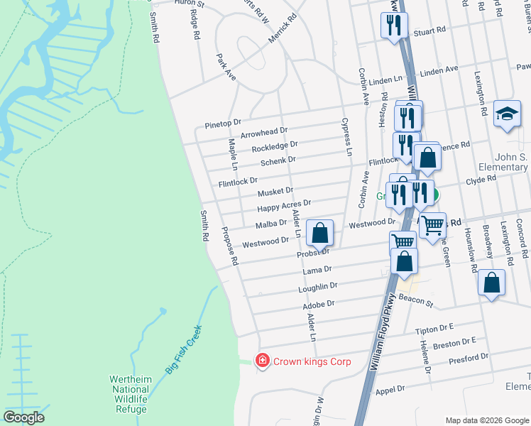 map of restaurants, bars, coffee shops, grocery stores, and more near 14 Happy Acres Drive in Shirley