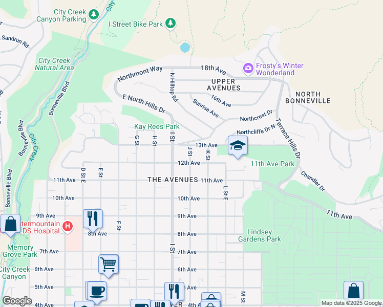 map of restaurants, bars, coffee shops, grocery stores, and more near 626 J Street in Salt Lake City