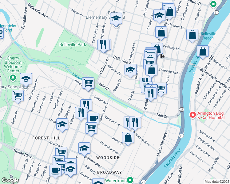 map of restaurants, bars, coffee shops, grocery stores, and more near 8 Bridge Street in Belleville
