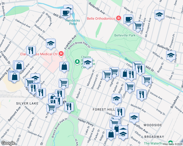 map of restaurants, bars, coffee shops, grocery stores, and more near 108 Manchester Place in Newark