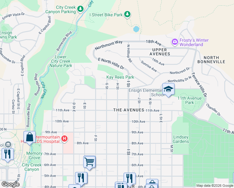 map of restaurants, bars, coffee shops, grocery stores, and more near 625 H Street in Salt Lake City
