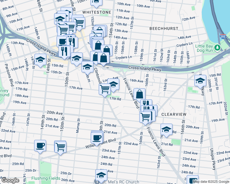 map of restaurants, bars, coffee shops, grocery stores, and more near 17th Avenue in Queens