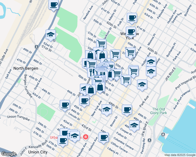 map of restaurants, bars, coffee shops, grocery stores, and more near 529 51st Street in West New York