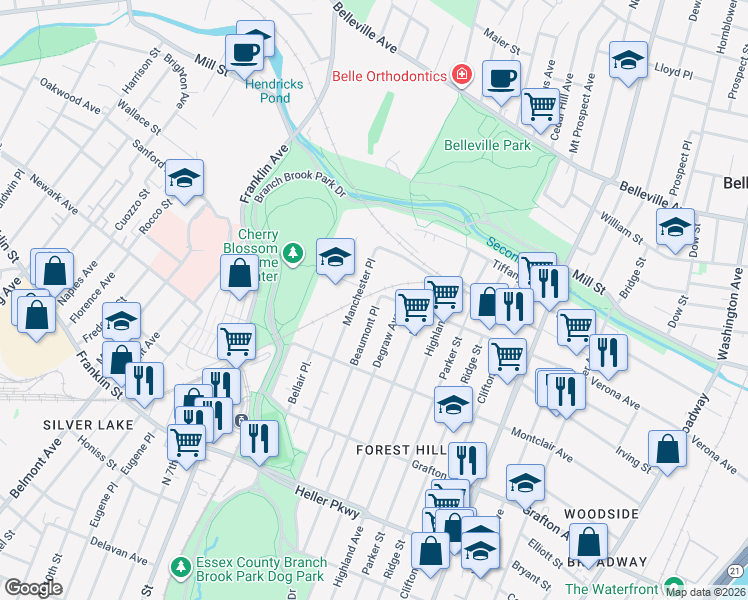 map of restaurants, bars, coffee shops, grocery stores, and more near 117 Beaumont Place in Newark