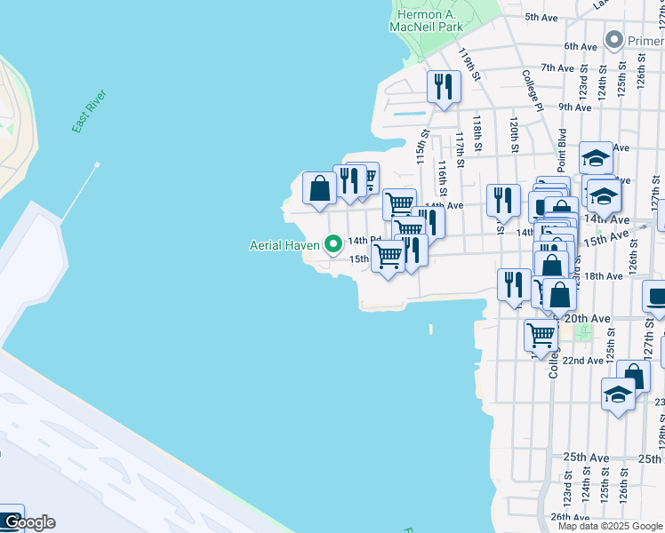 map of restaurants, bars, coffee shops, grocery stores, and more near 110-00 15th Avenue in Queens