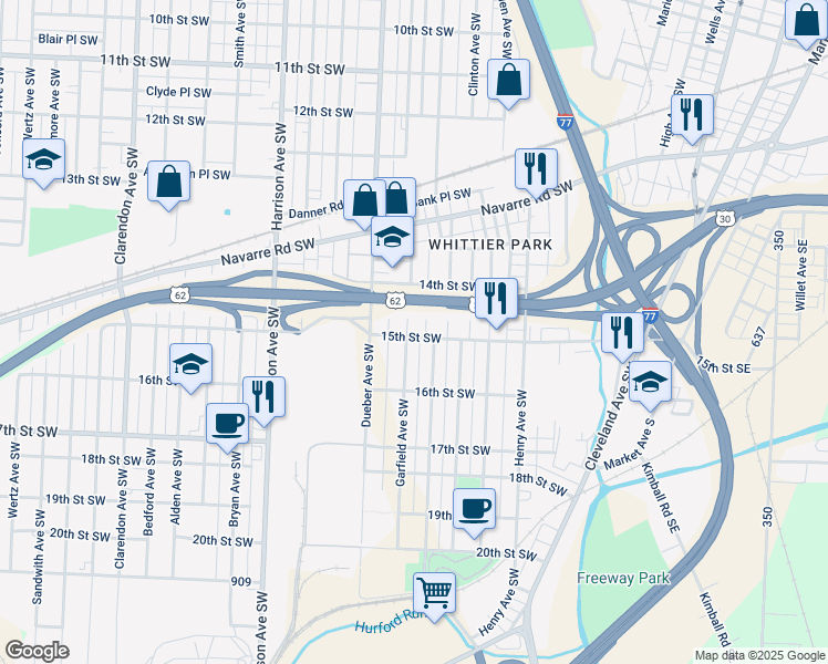 map of restaurants, bars, coffee shops, grocery stores, and more near 1448 Garfield Avenue Southwest in Canton