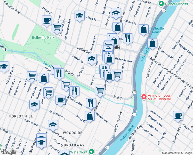 map of restaurants, bars, coffee shops, grocery stores, and more near 34 Van Rensselear Street in Belleville