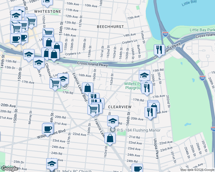 map of restaurants, bars, coffee shops, grocery stores, and more near 16-33 163rd Street in Queens