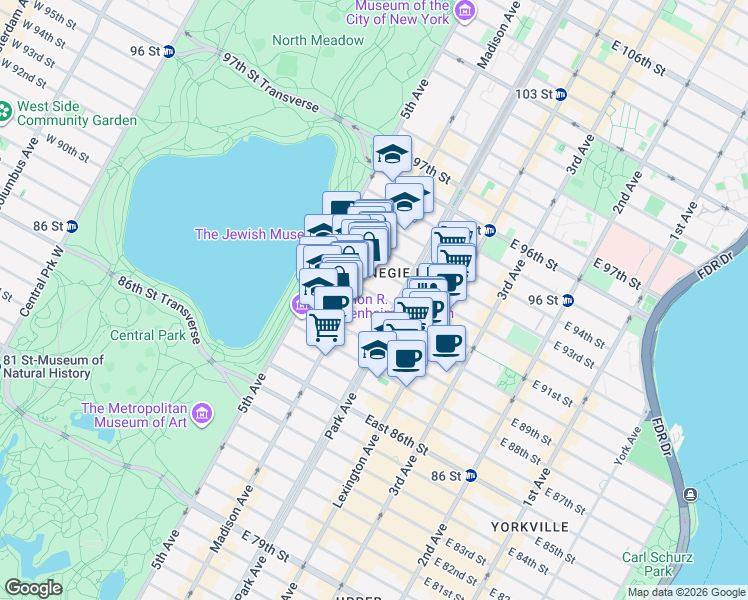 map of restaurants, bars, coffee shops, grocery stores, and more near 64 East 91st Street in New York