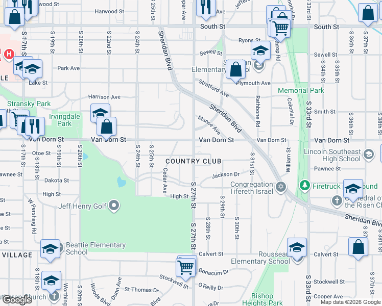 map of restaurants, bars, coffee shops, grocery stores, and more near 2845 South 27th Street in Lincoln