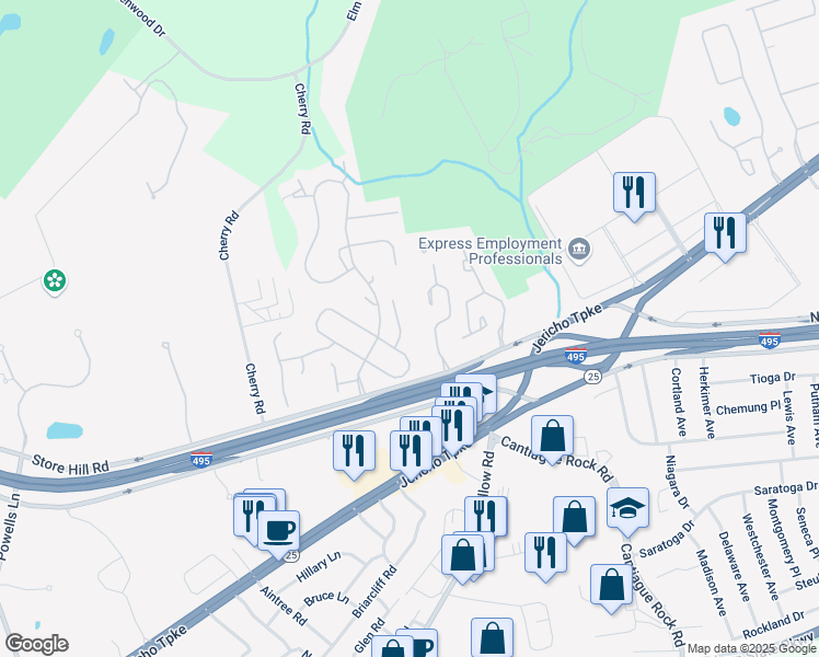 map of restaurants, bars, coffee shops, grocery stores, and more near 199 Northwood Court in Jericho