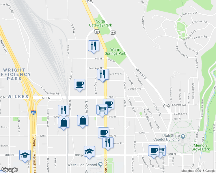 map of restaurants, bars, coffee shops, grocery stores, and more near 641 North 300 West in Salt Lake City