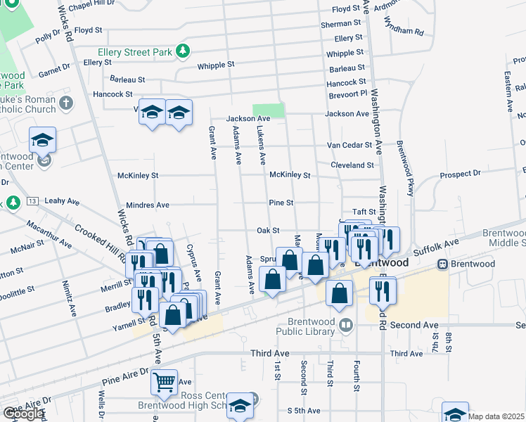map of restaurants, bars, coffee shops, grocery stores, and more near 37 Adams Avenue in Brentwood