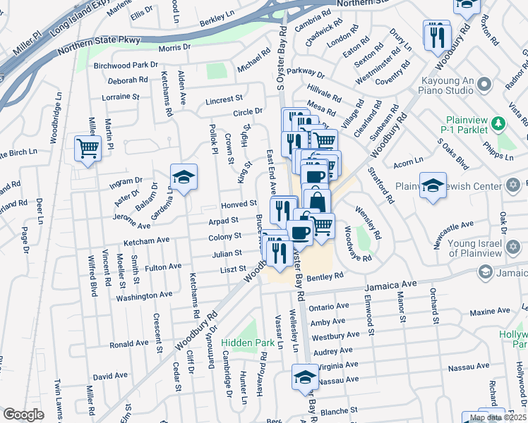 map of restaurants, bars, coffee shops, grocery stores, and more near 32 East End Avenue in Hicksville