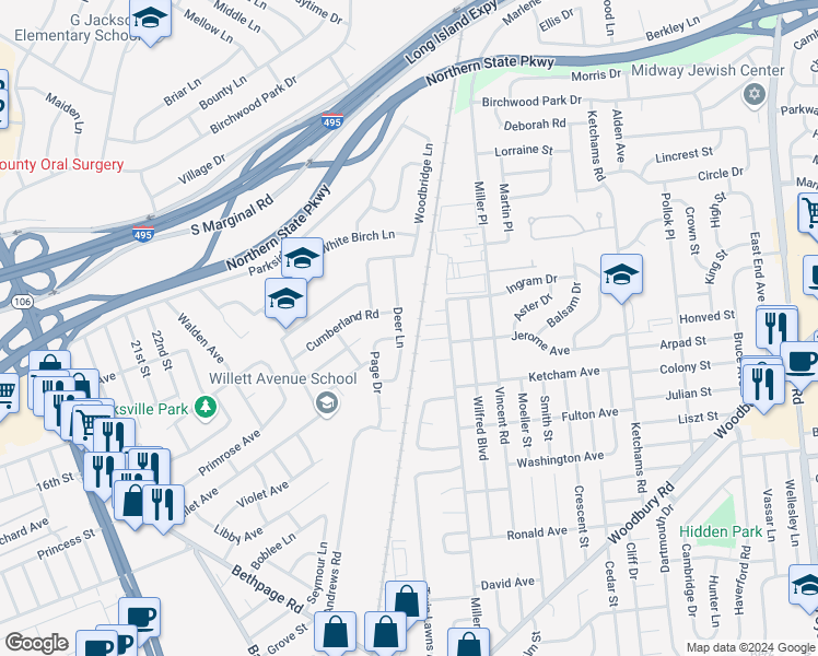 map of restaurants, bars, coffee shops, grocery stores, and more near 27 Deer Lane in Hicksville