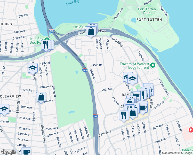 map of restaurants, bars, coffee shops, grocery stores, and more near 15-74 208th Street in Queens