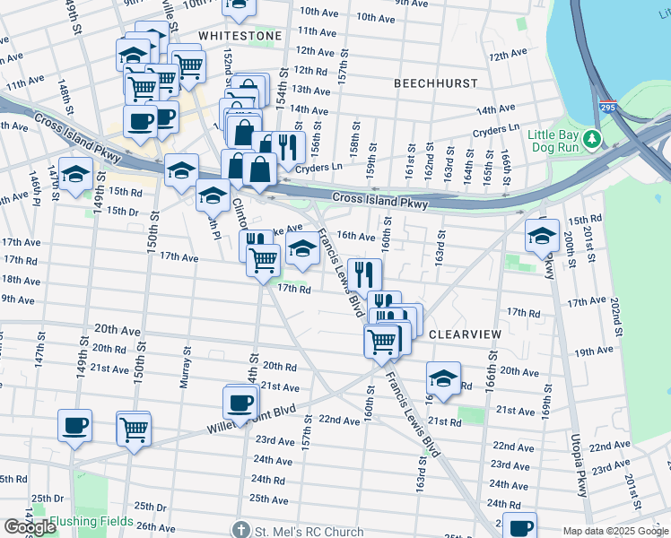 map of restaurants, bars, coffee shops, grocery stores, and more near 16-55 Francis Lewis Boulevard in Queens