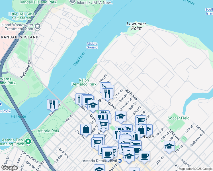 map of restaurants, bars, coffee shops, grocery stores, and more near 2037 20th Street in Queens