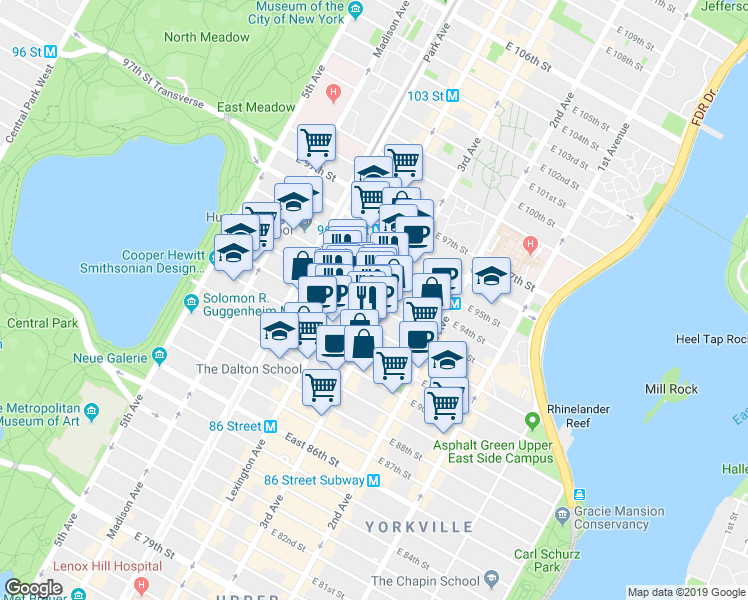 map of restaurants, bars, coffee shops, grocery stores, and more near 176 East 93rd Street in New York