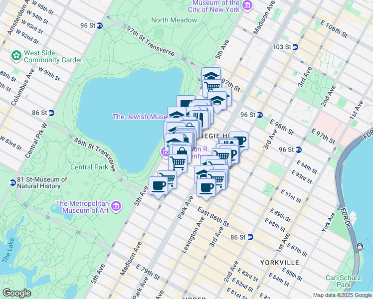 map of restaurants, bars, coffee shops, grocery stores, and more near 12 East 89th Street in New York