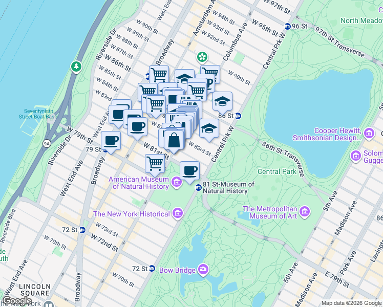 map of restaurants, bars, coffee shops, grocery stores, and more near 31 West 82nd Street in New York