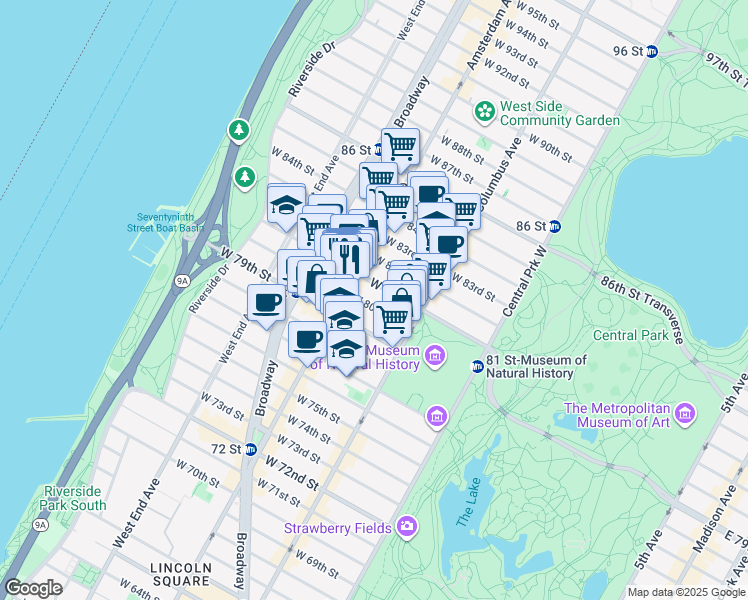 map of restaurants, bars, coffee shops, grocery stores, and more near 163 West 80th Street in New York