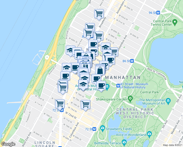 map of restaurants, bars, coffee shops, grocery stores, and more near 163 West 80th Street in New York