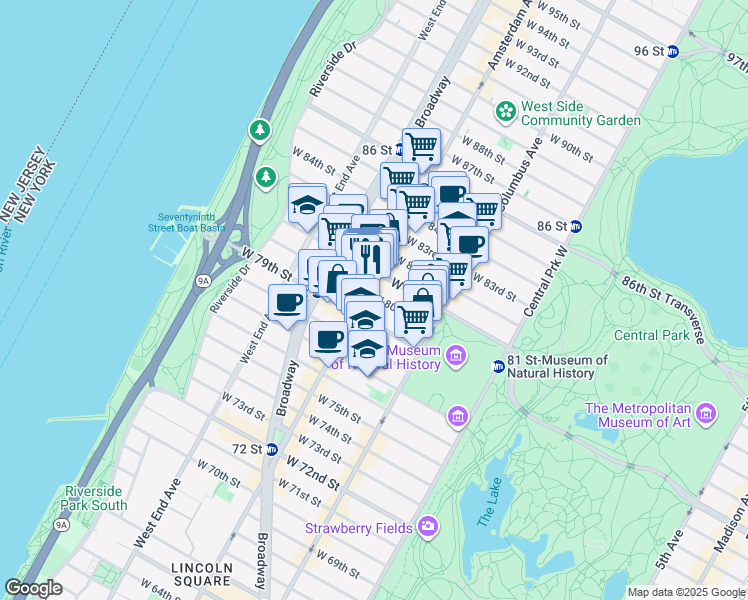 map of restaurants, bars, coffee shops, grocery stores, and more near 163 West 80th Street in New York