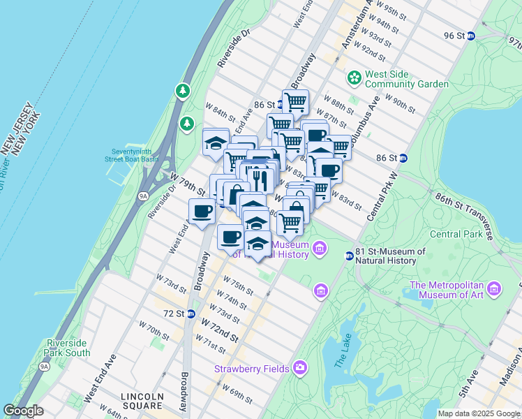 map of restaurants, bars, coffee shops, grocery stores, and more near 163 West 80th Street in New York