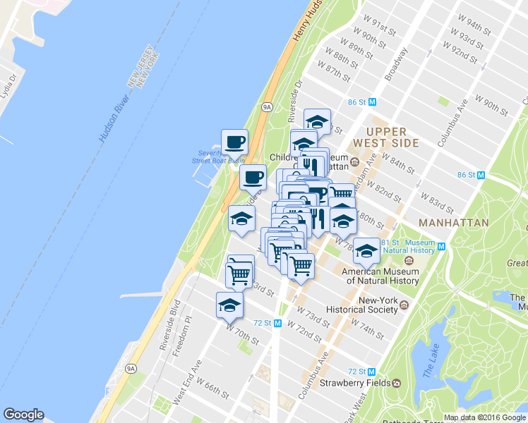 map of restaurants, bars, coffee shops, grocery stores, and more near 321 West 77th Street in New York