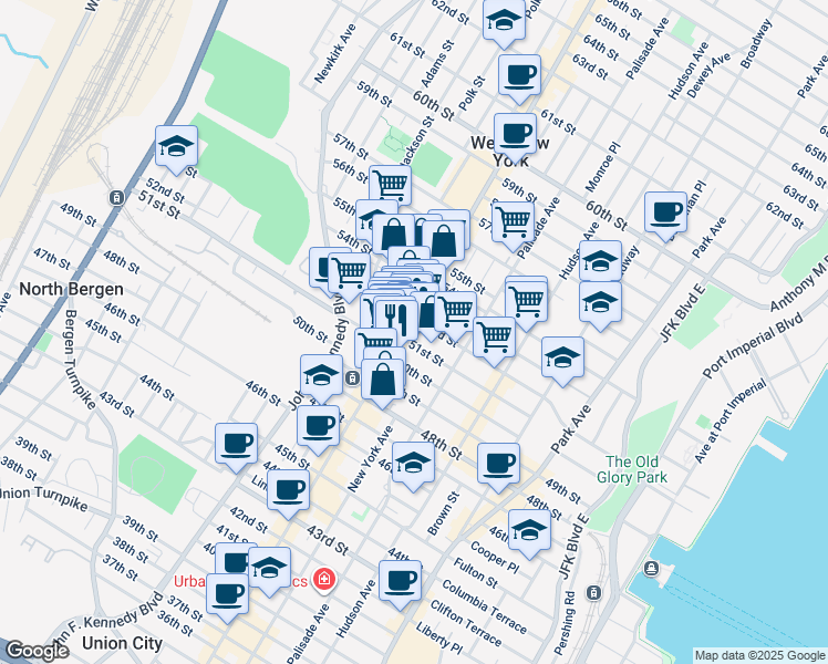 map of restaurants, bars, coffee shops, grocery stores, and more near 5111 Bergenline Avenue in West New York