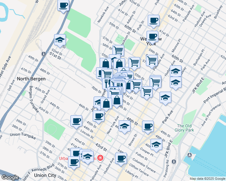 map of restaurants, bars, coffee shops, grocery stores, and more near 529 51st Street in West New York