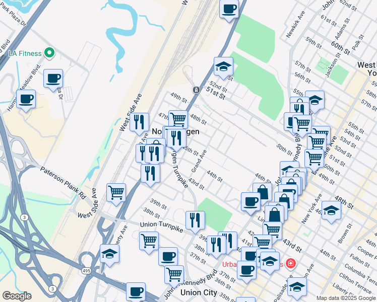map of restaurants, bars, coffee shops, grocery stores, and more near 4411 Liberty Avenue in North Bergen