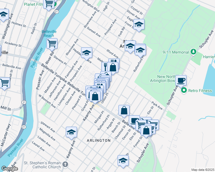 map of restaurants, bars, coffee shops, grocery stores, and more near 64 Union Place in North Arlington