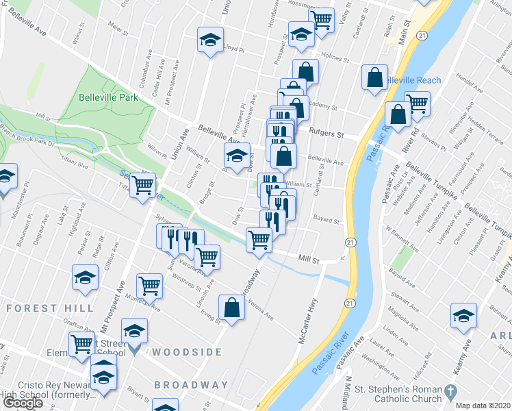 map of restaurants, bars, coffee shops, grocery stores, and more near 34 Van Rensselear Street in Belleville