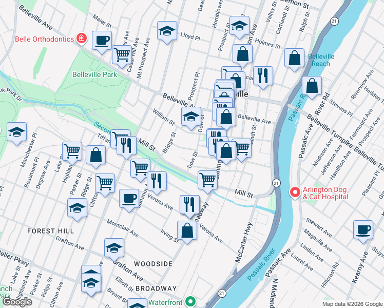 map of restaurants, bars, coffee shops, grocery stores, and more near 34 Van Rensselear Street in Belleville