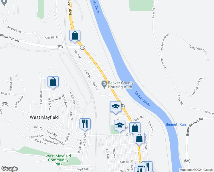 map of restaurants, bars, coffee shops, grocery stores, and more near in Beaver Falls
