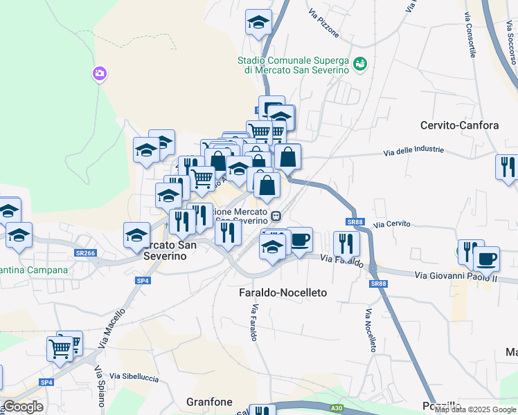 map of restaurants, bars, coffee shops, grocery stores, and more near 13 Via Ferrovia in Mercato San Severino