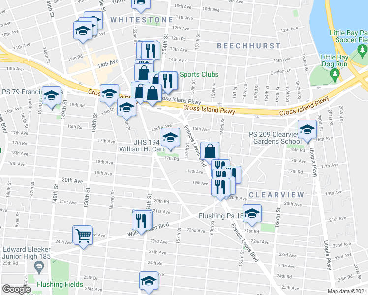 map of restaurants, bars, coffee shops, grocery stores, and more near 16-54 157th Street in Queens