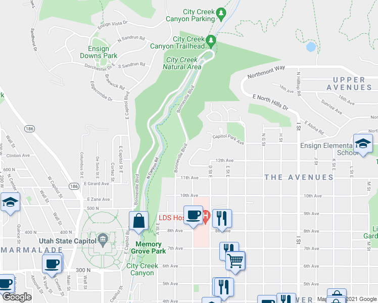 map of restaurants, bars, coffee shops, grocery stores, and more near 615 Capitol Park Ave in Salt Lake City
