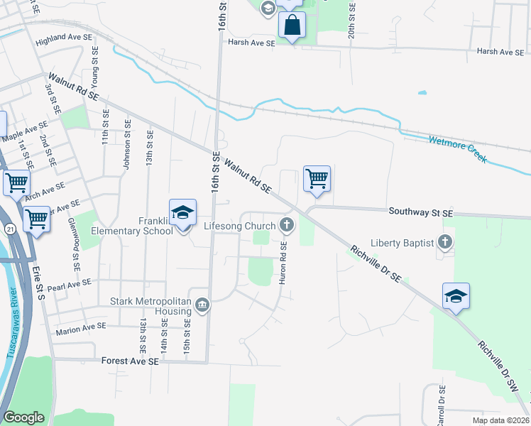 map of restaurants, bars, coffee shops, grocery stores, and more near 1719 Mohican Avenue Southeast in Massillon